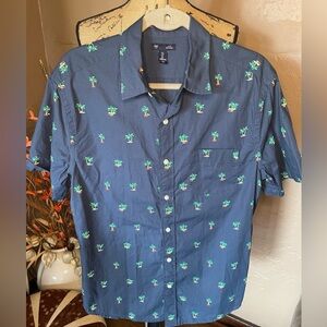 GAP Navy Palm Tree Casual Button Down Shirt short sleeve Sz L PTP 21.5” slimfit